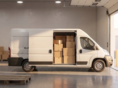 A white delivery van with its side door open, filled with cardboard boxes, parked inside a warehouse loading bay.