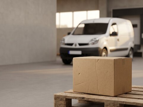 Cardboard box on a wooden pallet with a white delivery van in the background at a loading dock.