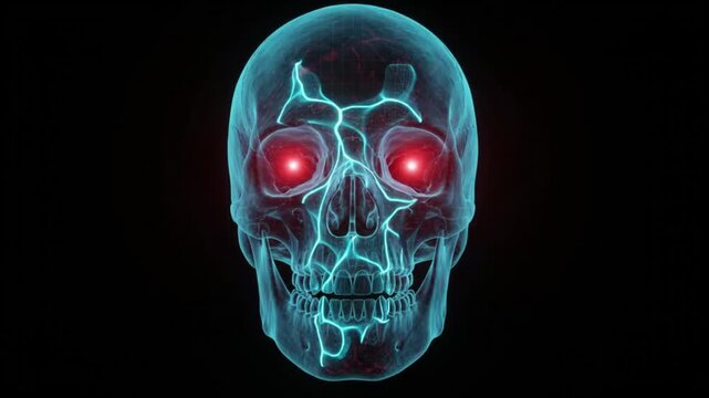 Glowing blue holographic skull with bright red eyes and electric cracks on dark background, perfect for spooky Halloween graphic design