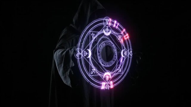 Mysterious hooded wizard in dark robes casting a glowing purple magic summoning circle, spooky occult sorcery concept for Halloween