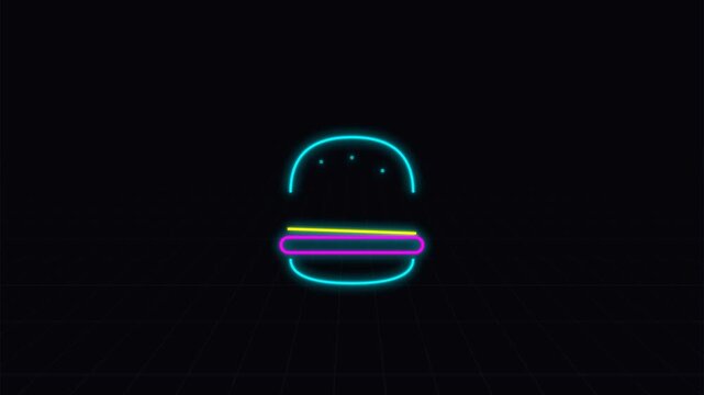 Retro neon burger icon animation on a dark digital grid