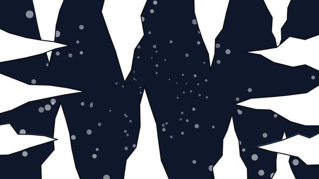 Dark blue cavern interior with white jagged stalactites and floating particle dots for cave exploration or deep space science design
