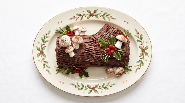 Chocolate yule log cake decorated with mushrooms and holly on a festive ceramic platter christmas dessert holiday cake christmas food meringue mus