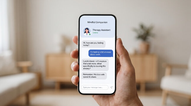 Woman holding smartphone chatting with AI digital therapy assistant app for mental health care, stress relief, and psychological counseling.
