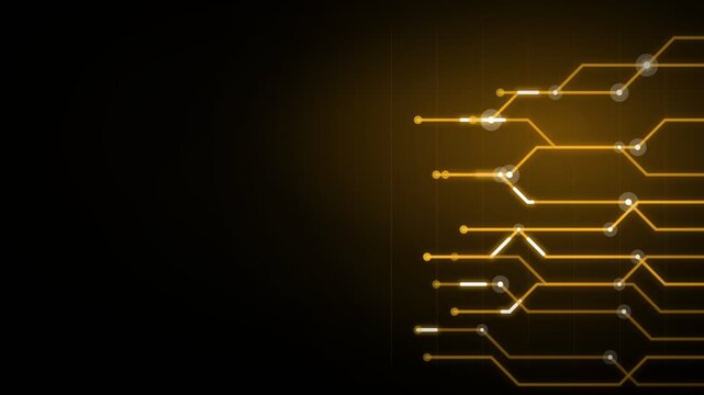 Glowing circuit lines connecting data nodes on black, representing information flow and network connectivity for tech business interface.