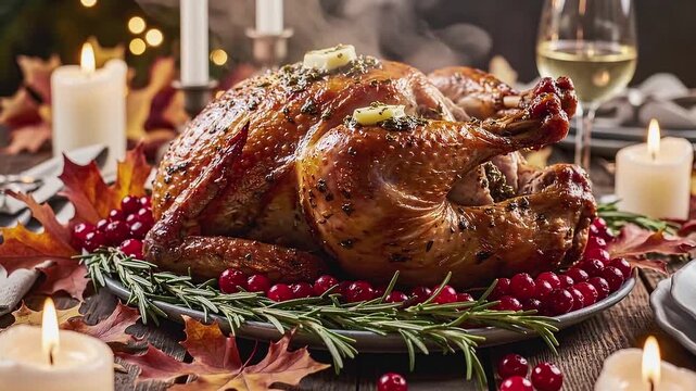 Roasted thanksgiving turkey with cranberries and rosemary