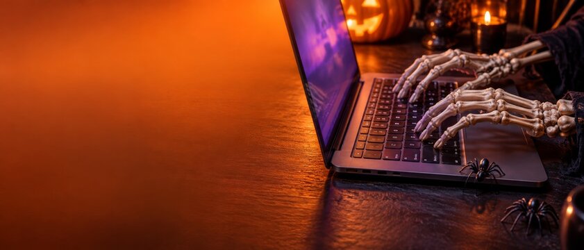 Skeleton hands typing on laptop beside jack-o-lantern and spiders. Halloween computer use and spooky seasonal decor. Cybersecurity and online threat concept. Banner format