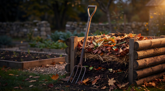 Wooden compost bin filled with autumn leaves and soil in a garden. Metal garden fork resting against a compost heap. Sustainable gardening concept