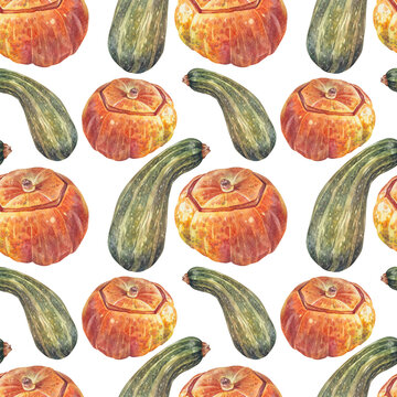 Watercolor seamless pattern with green squash zucchini and orange pumpkin on white background. Courgette. Autumn vegetable raw food for sticker or menu. Hand-drawn art for kitchen. Wallpaper wrapping