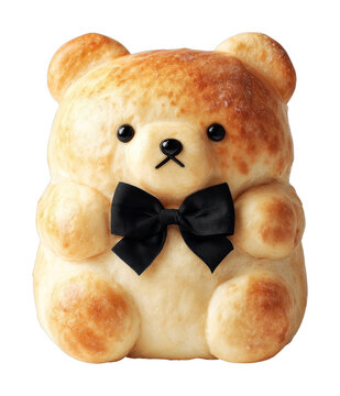 PNG Adorable bear-shaped bread with a black bow tie.