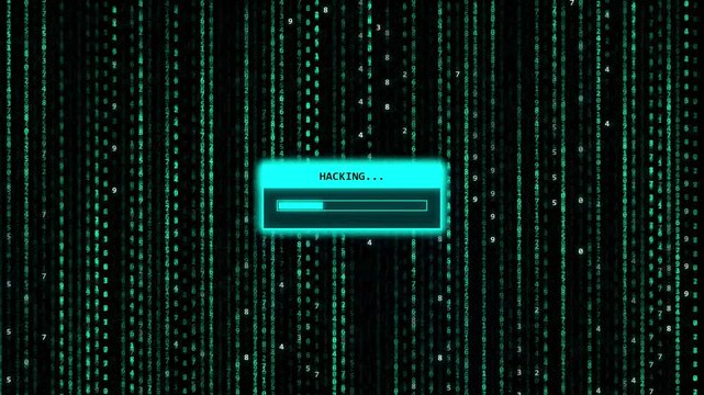 Hacking interface with loading bar and matrix code rain, isolated on black background for cybersecurity and technology projects