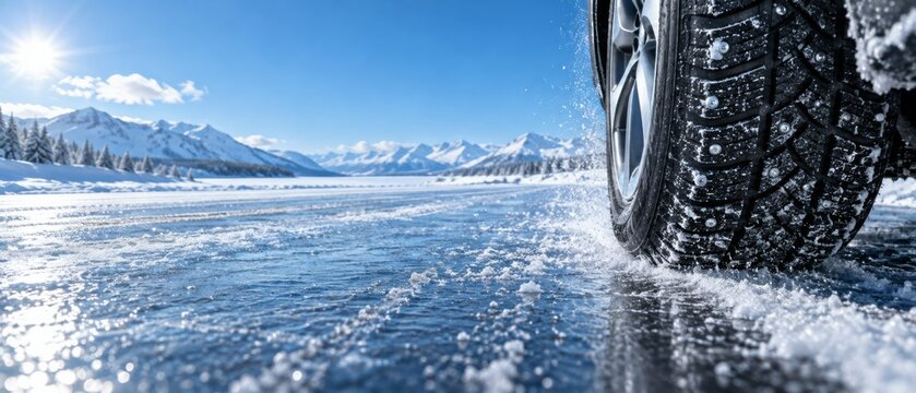 Studded winter tire gripping a frozen road in snowy mountains. Ice driving and cold weather road safety. Winter travel and vehicle traction. Alpine landscape in winter. Banner format