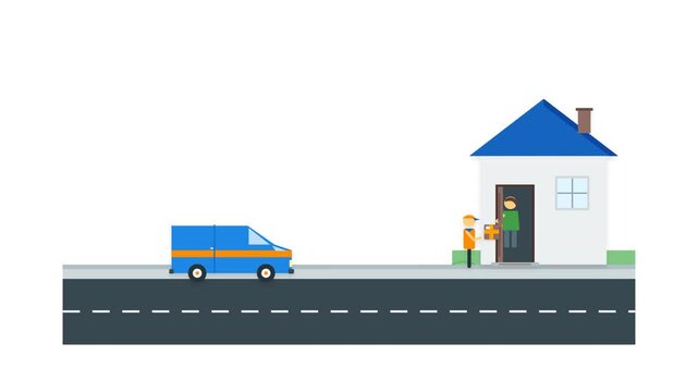 Sequence showing a blue delivery van arriving at a house to deliver a package with a success checkmark. Minimalist flat vector style. Ideal for logistics and e-commerce explainer videos.