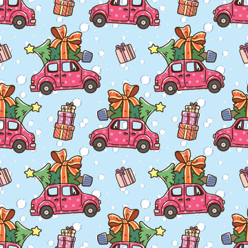 Cute seamless Christmas pattern featuring pink polka dot cars carrying decorated Christmas trees with bows and colorful gift boxes, perfect for festive wrapping paper, fabric, and holiday designs.
