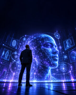 AI generated cybersecurity architect facing giant holographic human head biometric data network nodes representing cyber defense digital identity artificial intelligence