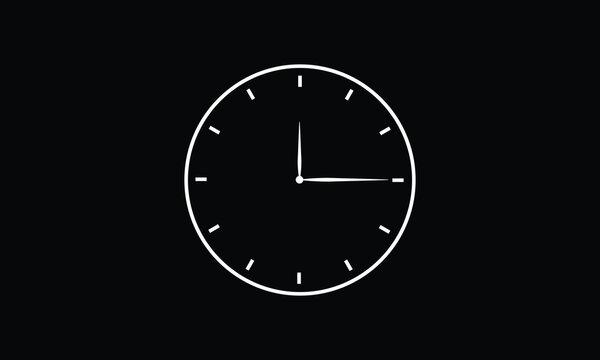 Minimal round wall clock with a clean frameless no numbers, isolated on a black background. Clock white icon on a black background.