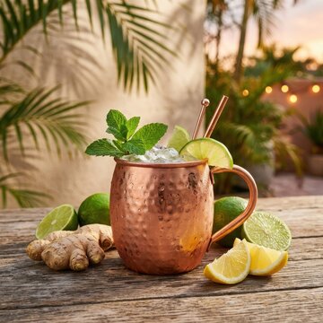 Moscow mule cocktail in copper mug with lime and ginger illustration