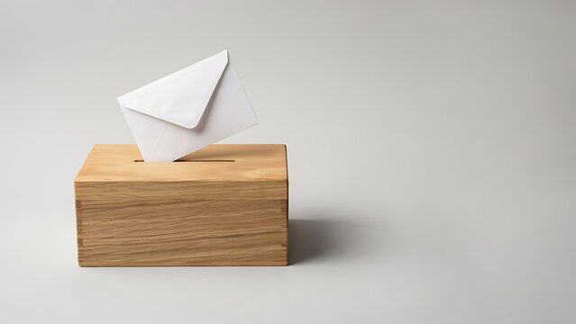 White envelope being inserted into a rectangular wooden box on a light gray studio background