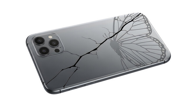 Smartphone with cracked screen design featuring a butterfly silhouette on a isolated transparent background for creative digital concept projects