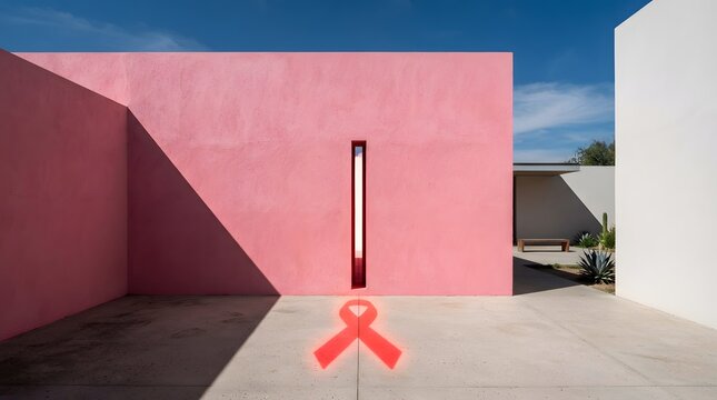Pink wall with a red ribbon representing awareness and support for a cause