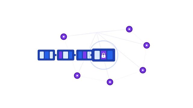 2D flat vector animation showing a blockchain transaction, decentralized node verification, block creation, secure confirmation, and completion.