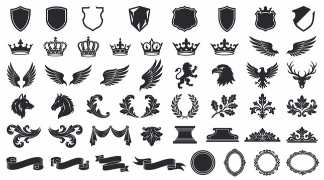 Modular heraldic vector elements set featuring shields, crowns, wings, animal silhouettes, laurel wreaths, and floral ornaments for vintage logo design and custom family crest creation.