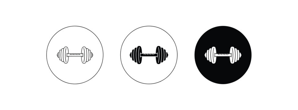 Dumbbell icons, barbell and weight symbols, sports gym equipment, bodybuilding workout, strength exercise, editable outline stroke, isolated vector graphic