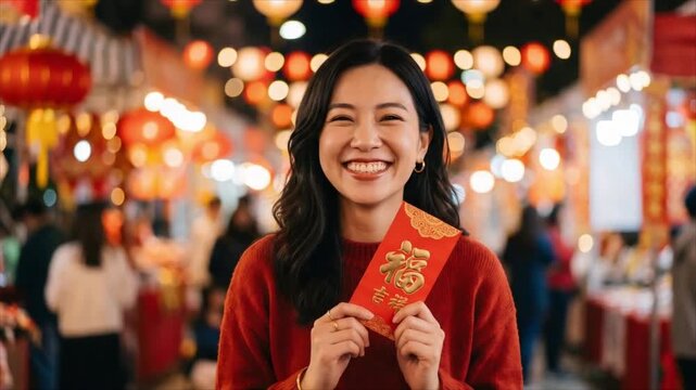 Woman holding a red lucky envelope at a Chinese New Year lantern market. Lunar New Year celebration. Festival tradition and good fortune. Asian holiday culture.