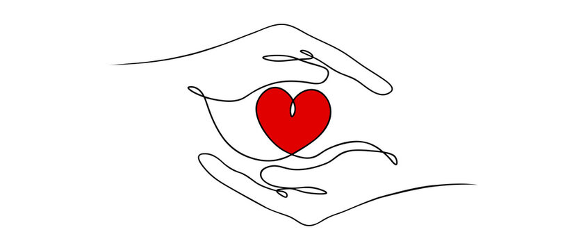 Continuous one line art two hands holding red heart illustration. Minimalist black outline caring palms protecting love symbol on white background. Charity, donation, health and care concept