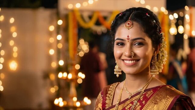 Smiling woman in traditional Indian bridal attire at a festive ceremony, turning from open eyes to a brief closed-eye smile. Indian wedding celebration. Bridal portrait and cultural