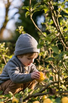 Young child holding yellow fruit in garden