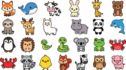 Fototapeta premium Cute Cartoon Animal Icons Vector Set, Kawaii Baby Wild and Zoo Animals Graphic Collection, Nursery Decor Clipart