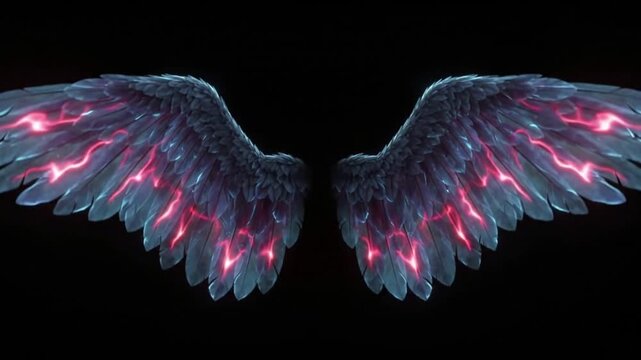Mystic dark wings with glowing pink lightning veins for Halloween party visual effects and fantasy costume designs on a black background