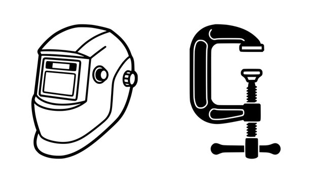 Welding helmet and c clamp icons set for industrial construction and