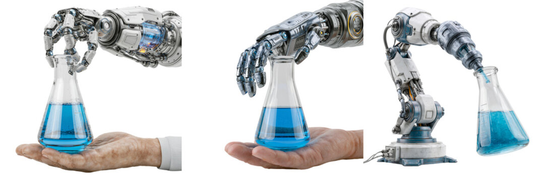 Set of Side view of a robotic hand touching a transparent Erlenmeyer flask filled with blue liquid resting on a human palm on transparent png background. Ai generated