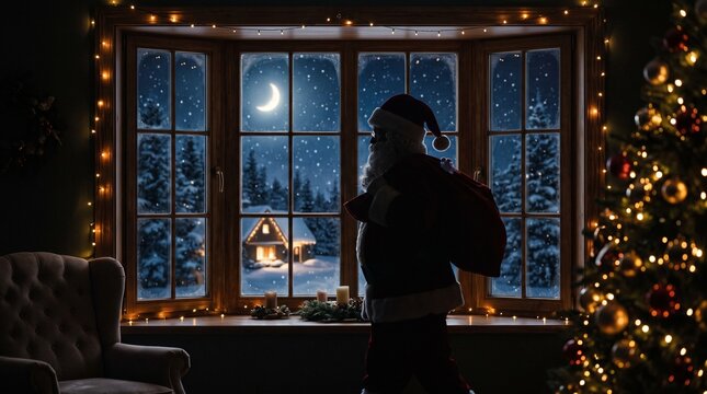 Santa Claus silhouette carrying gift sack looking out snowy window at moonlit night with decorated Christmas tree indoors