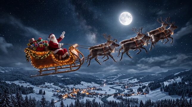 Santa Claus flying in his sleigh pulled by reindeer over a snowy village at night under a full moon and starry sky