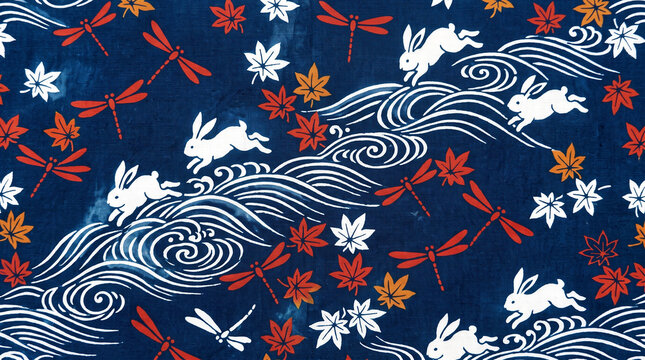 波の上を跳ねる白ウサギと赤トンボ・紅葉を描いた藍染風のレトロ和柄パターン
