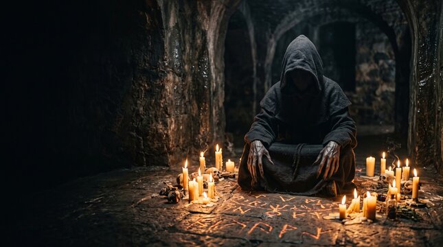 Mysterious hooded figure performing ritualistic magic with candles and skulls in a dark dungeon on Halloween night