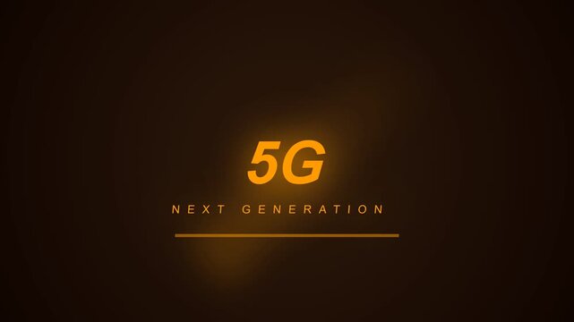 Glowing orange 5G next generation text animation with glitch lines on dark background, futuristic network title loop 4K