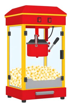 Commercial Popcorn Machine Maker Vector Illustration with Stainless Steel Kettle, Glass Enclosure, Power Switches, and Red Yellow Vintage Frame for Cinema Snack Equipment Concept
