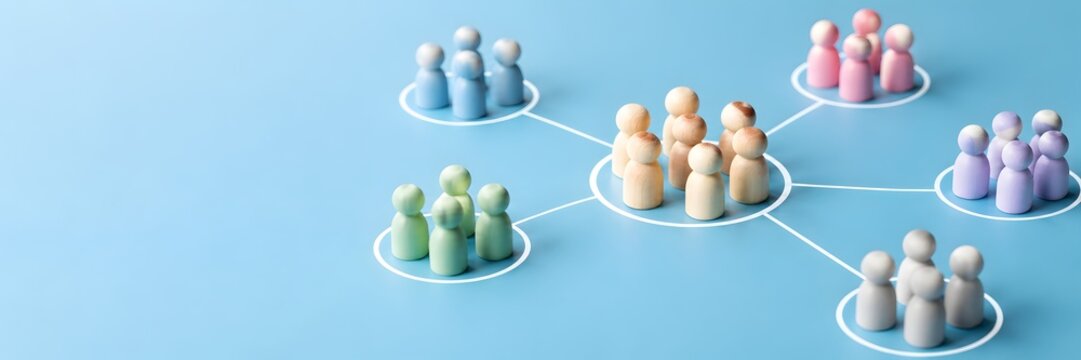 Audience segmentation and diverse team collaboration concept with colorful groups connected to central management hub
