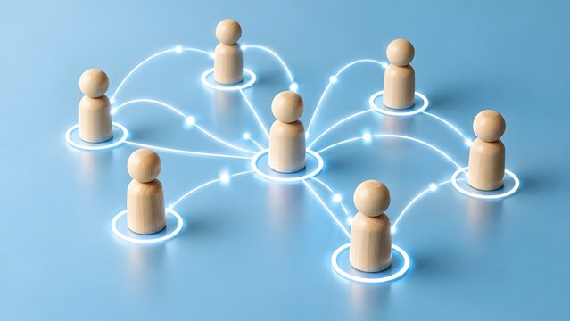 Digital network communication and centralized leadership concept featuring wooden figures connected by glowing tech lines