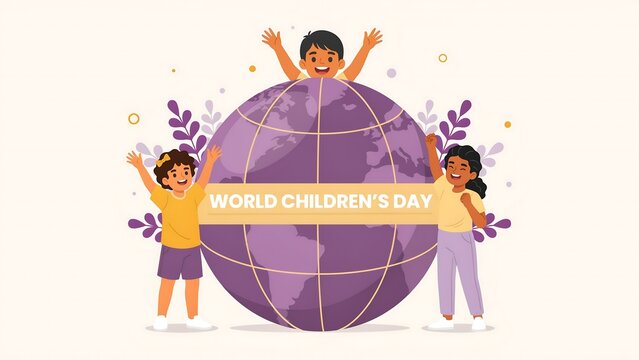World childrens day illustration with diverse happy children standing around a globe