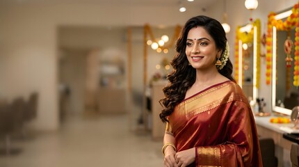 Fototapeta premium Beautiful indian woman in a traditional red silk saree with gold border, posing elegantly in a festive setting