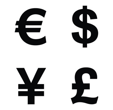 Currency symbols in black silhouette style, featuring major global money signs isolated on a clean white background for finance, banking, trade, and economic design.