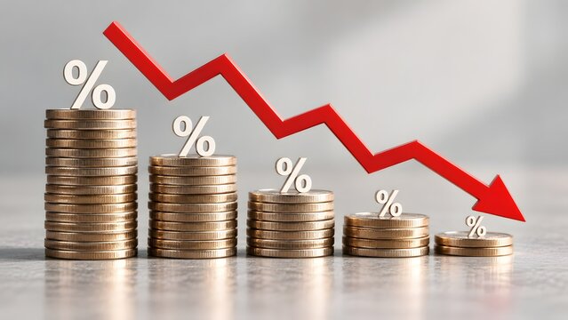 Financial market crash and investment loss concept with descending gold coin stacks red downward arrow and percentage symbols