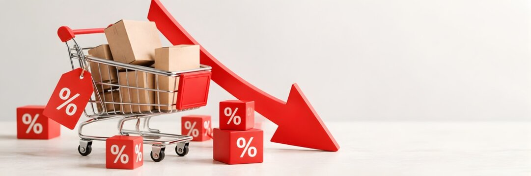 Retail price drop and discount sale concept featuring shopping cart with cardboard boxes red downward arrow and percentage tags
