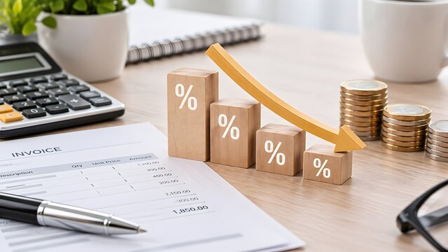Invoice expense reduction concept featuring downward arrow over percentage blocks with accounting documents and coins
