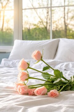 Pink roses on a white bed near a window